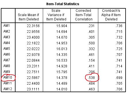 corrected item-total correlation|item rest correlation.